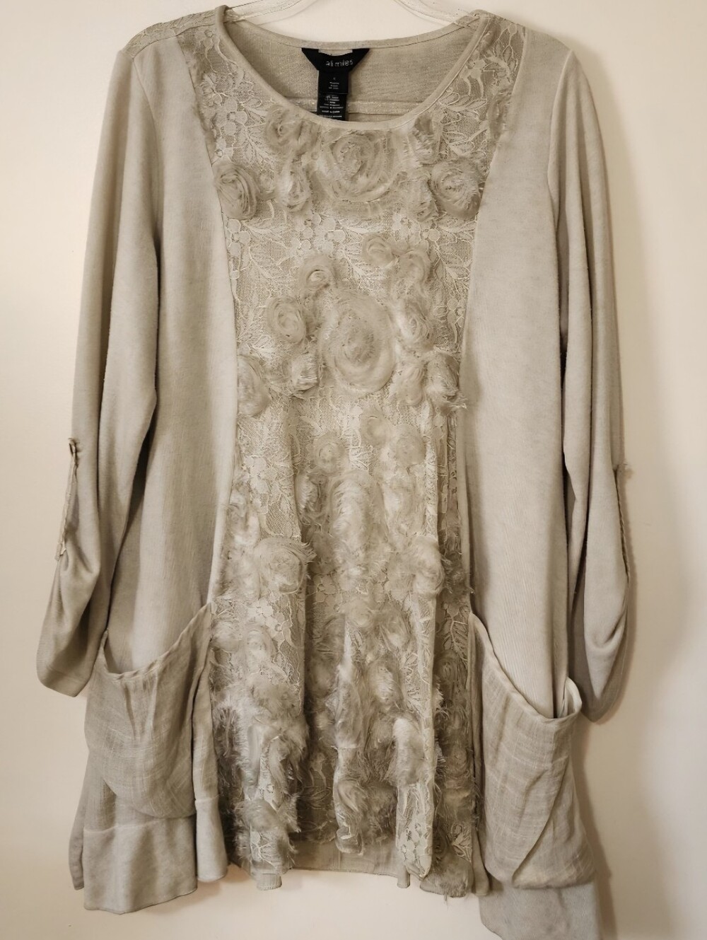 Ali Miles Embellished Lace Top Rosette Boho Romantic Shabby Chic Earthy Sz Small